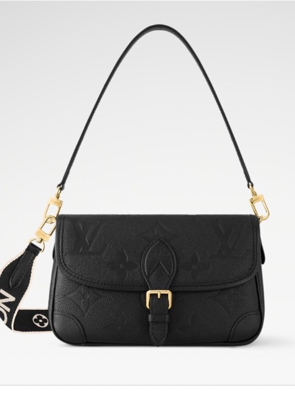 $2950 Louis Vuitton “Diane” Black Embossed Monogram Shoulder Bag w/Gold Hardware
